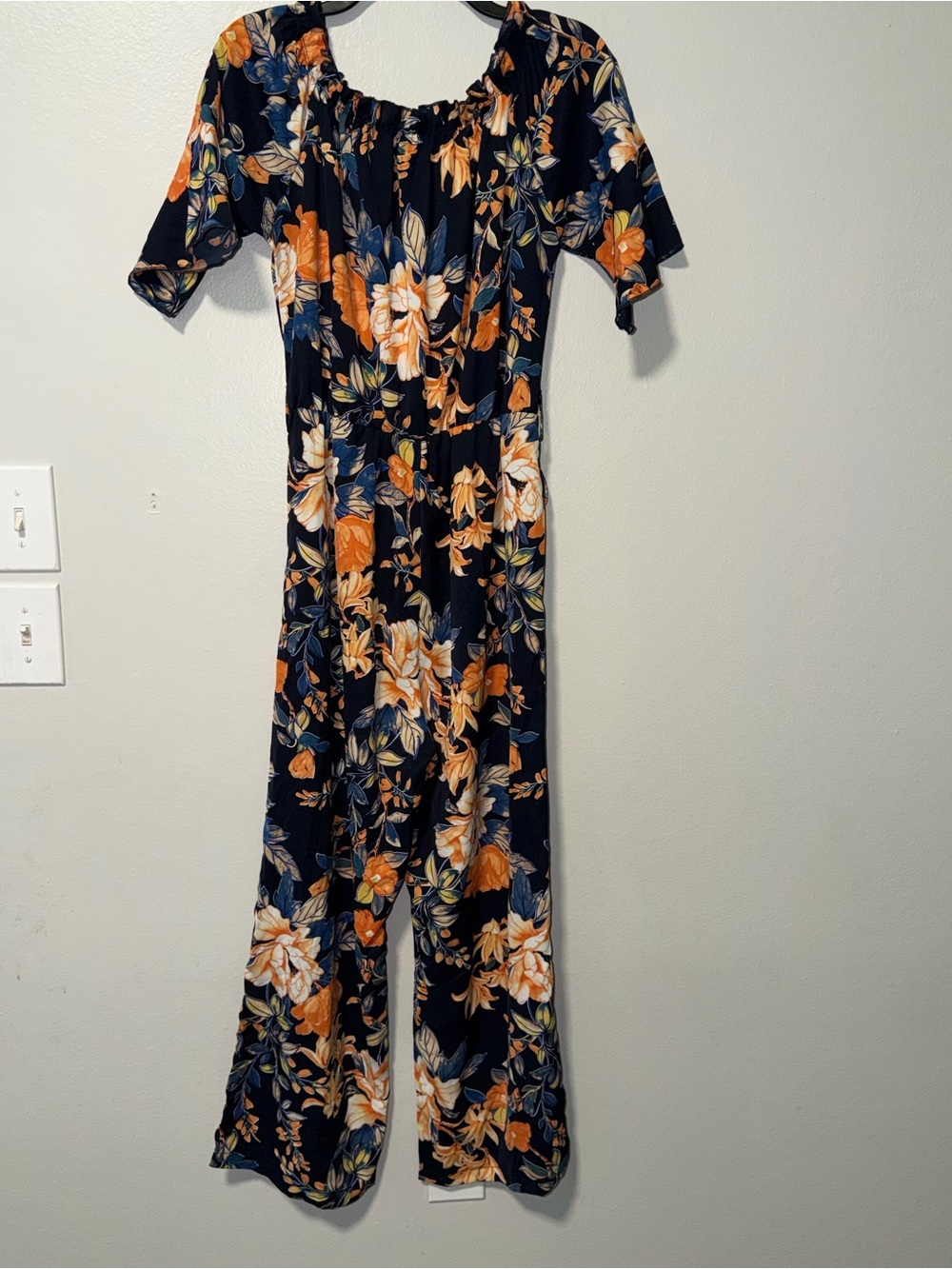 SHEIN Navy Floral Off-Shoulder Jumpsuit with Orange Blooms - Picture 8 of 8